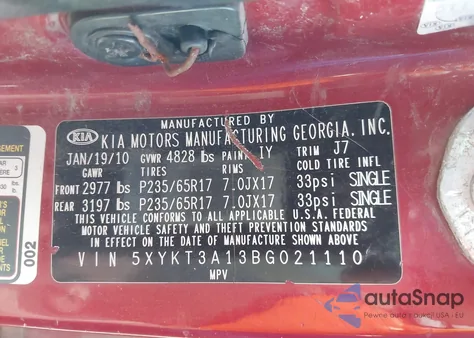 2011 Kia Sorento Lx from USA, damaged, VIN 5XYKT3A13BG021110